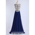 Custom Made Luxury Evening Gown Navy Blue Beading Pattern Chiffon Long Prom Dress 2017
